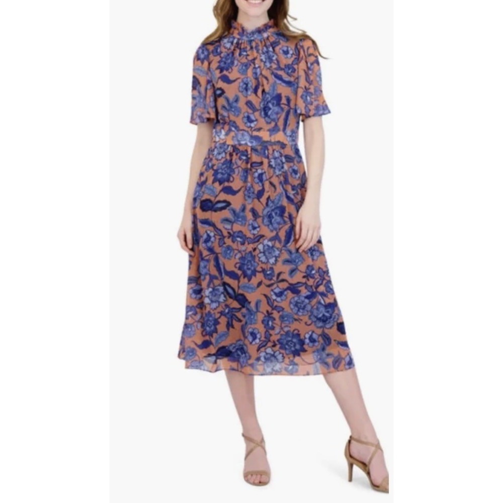 Julia Jordan Floral Mock Neck MIDI Dress In Peach Multi. Size 2. Elegant.